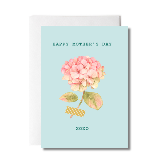 Teal Greeting Card with the words, "Happy Mother's Day" and a pink and green hydrangea