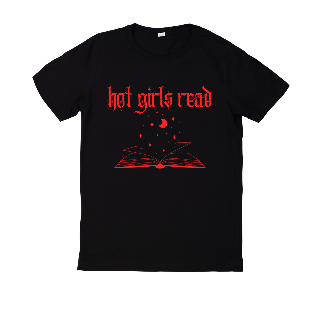Black t-shirt with red text 'hot girls read' and a book graphic on a white background