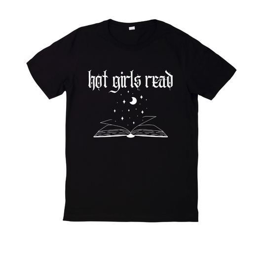 Black t-shirt with red text 'hot girls read' and a book graphic on a white background