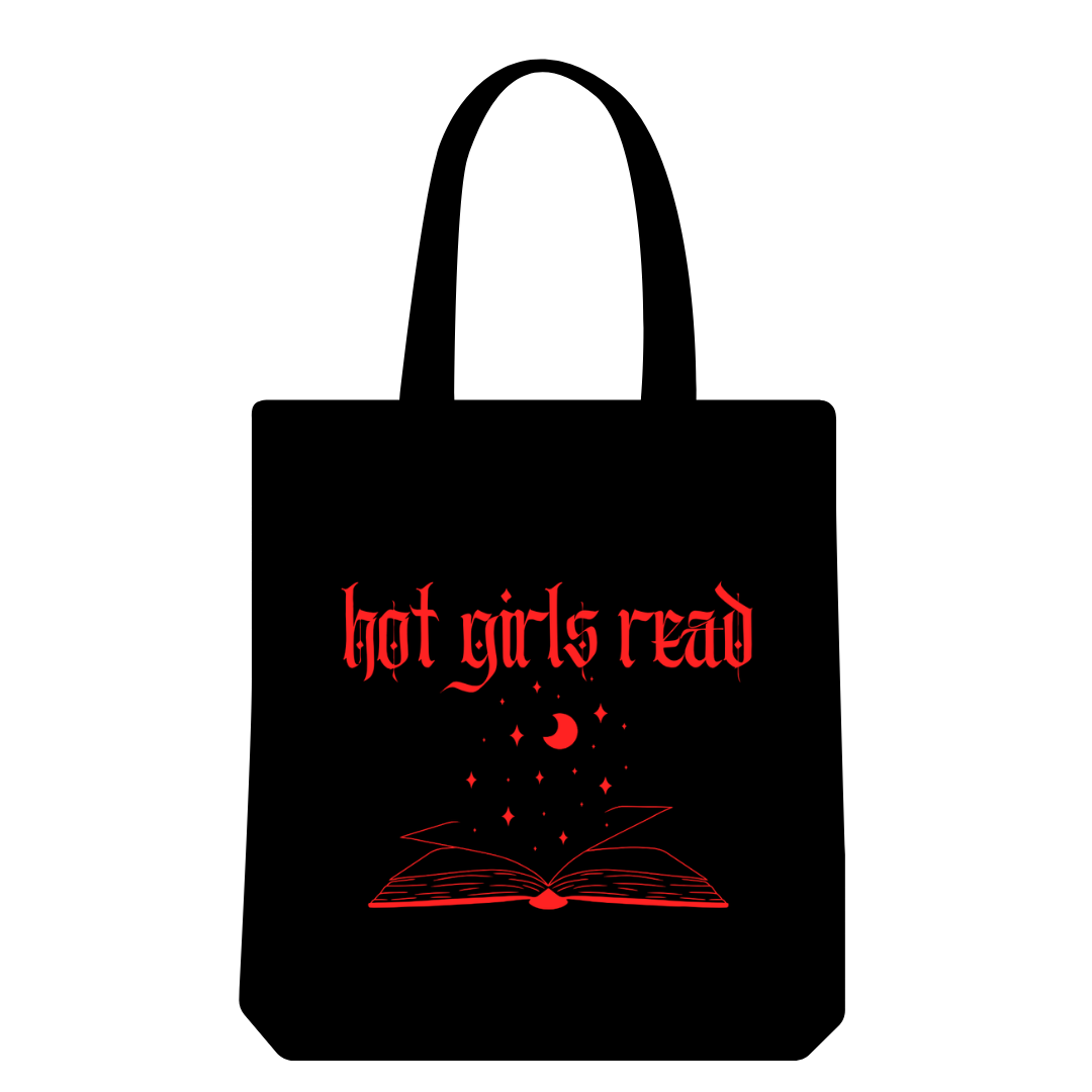Black tote bag with red text 'hot girls read' and a book illustration on a white background