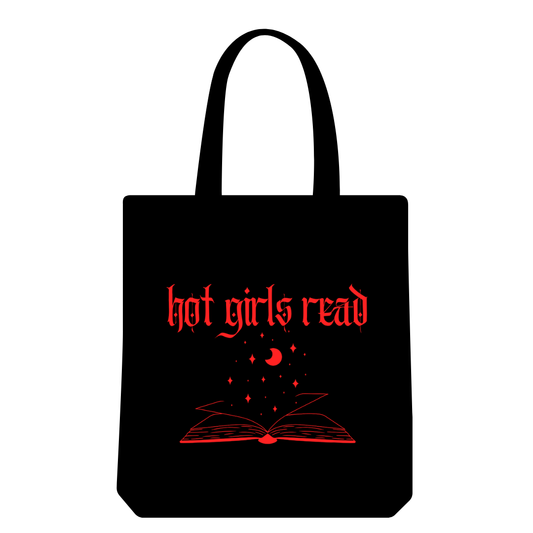 Black tote bag with red text 'hot girls read' and a book illustration on a white background
