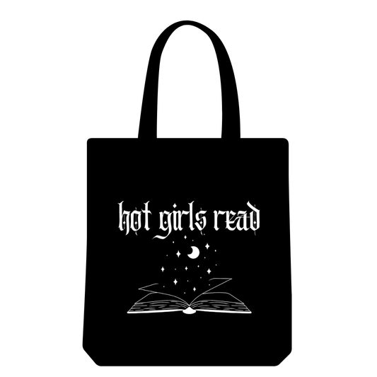 Black tote bag with 'hot girls read' text and book design on a white background