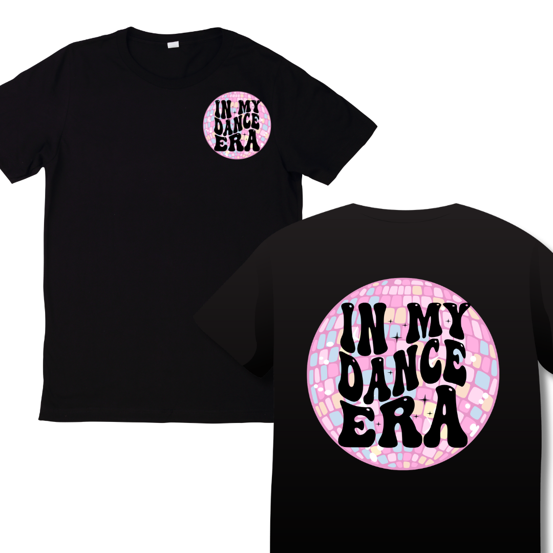 Black t-shirt with 'In My Dance Era' design on front and back