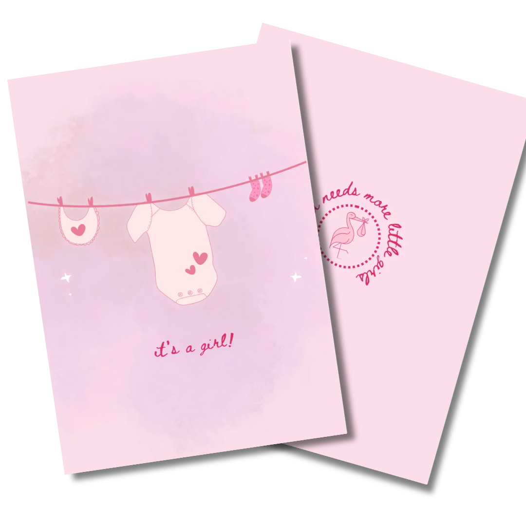 Two pink greeting cards with baby-themed illustrations and text on a white background