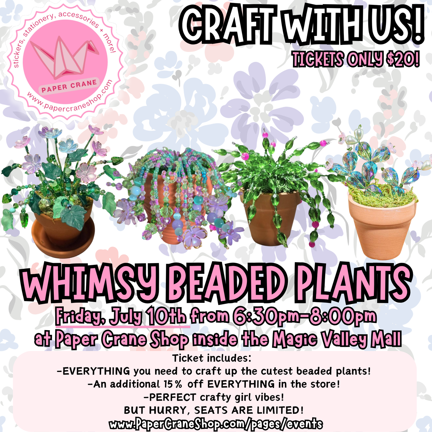 Advertisement for a craft event with plants and promotional text.