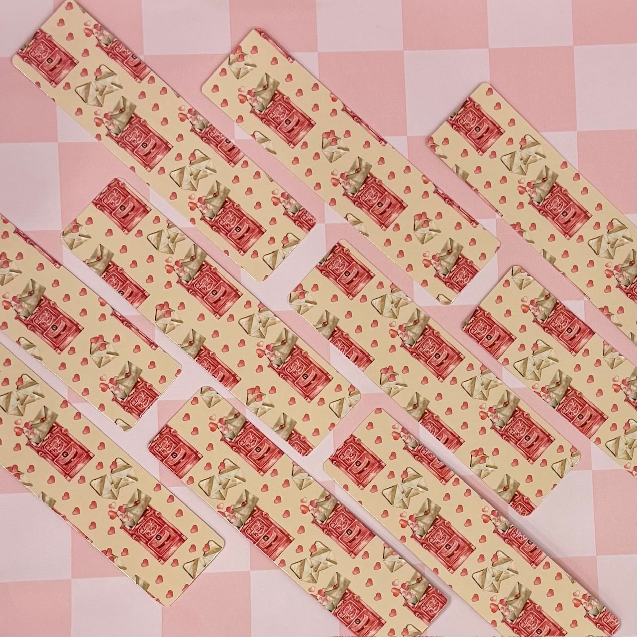 valentine theme bookmarks on a pink checkered background