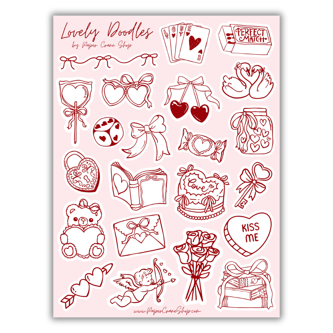 Sticker Sheet of red line art doodles on a pink background with valentine's day theme.