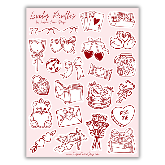 Sticker Sheet of red line art doodles on a pink background with valentine's day theme.