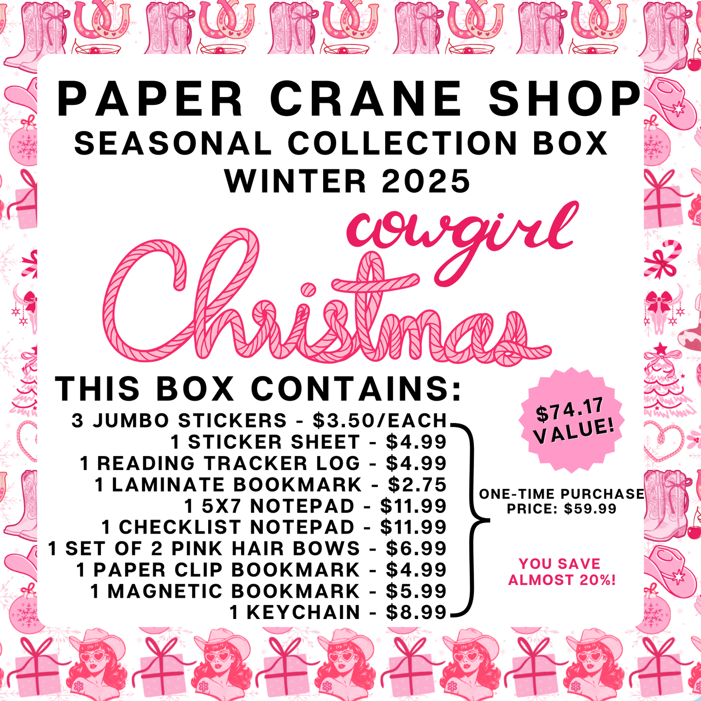 Promotional flyer for Paper Crane Shop's Seasonal Collection Box featuring cowgirl Christmas theme.