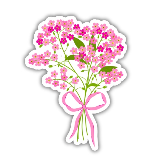 Sticker of pink flowers with a pink bow on a white background