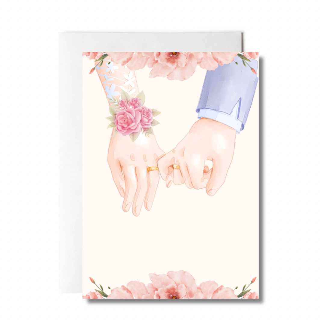 Greeting card with illustration of hands holding a ring, surrounded by floral designs on a white background.