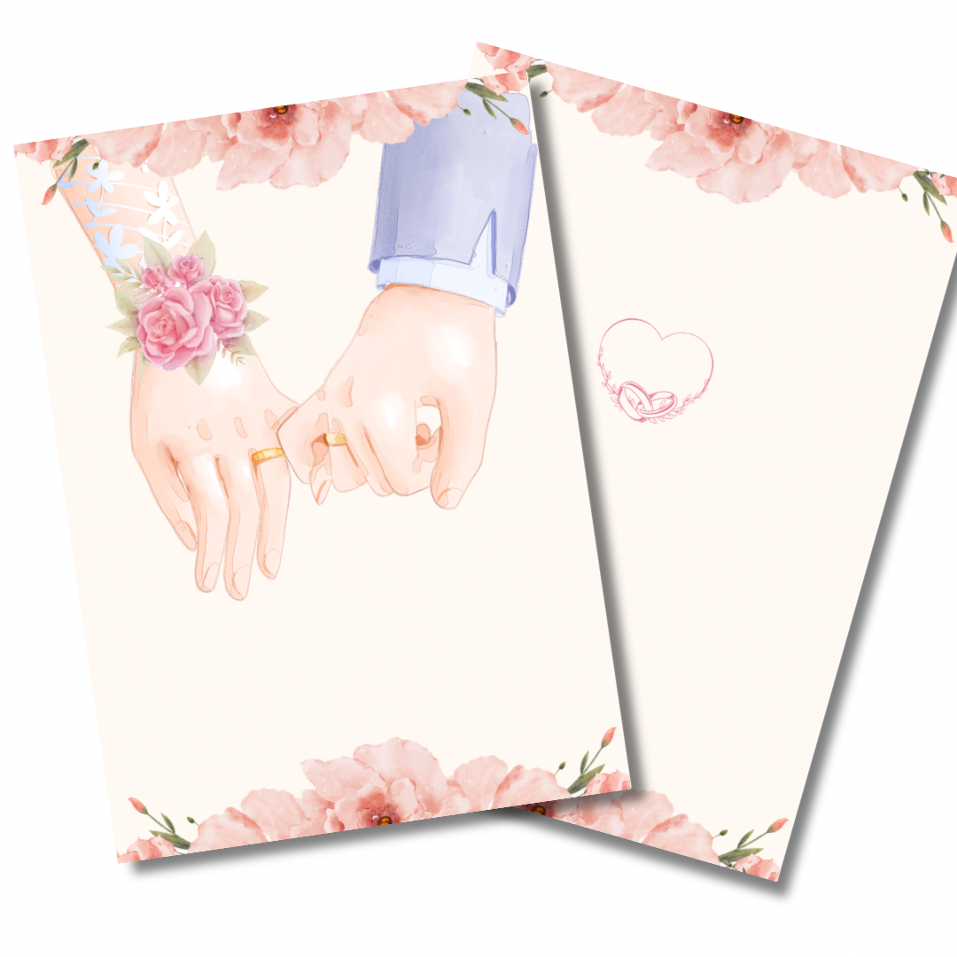Two cards with floral designs and hands holding each other, one card has a heart symbol.