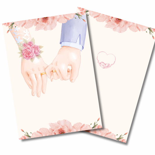 Two cards with floral designs and hands holding each other, one card has a heart symbol.