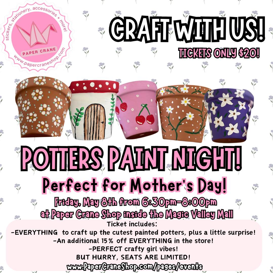 Advertisement for a Potters Paint Night event with decorated pots and ticket information.