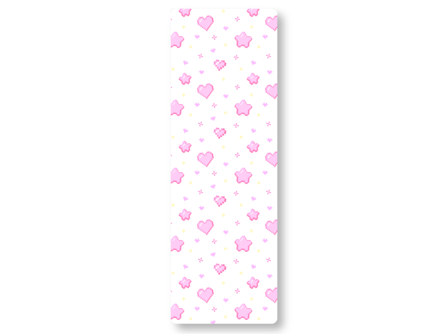 Bookmark with a pattern of pixelated pink hearts and stars on a white background