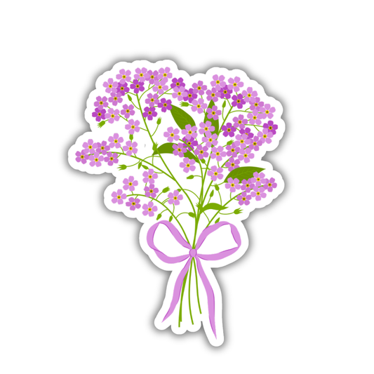 Sticker of a bouquet of purple flowers with a pink bow on a white background
