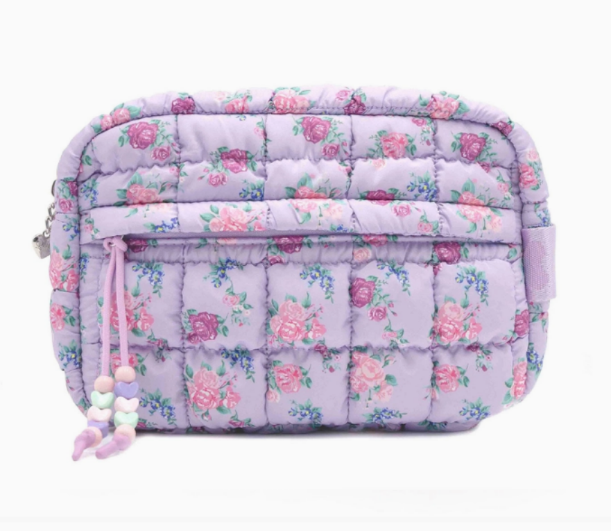 Floral quilted pouch with a zipper on a white background