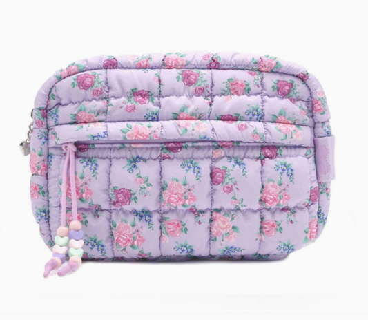 Floral quilted pouch with a zipper on a white background
