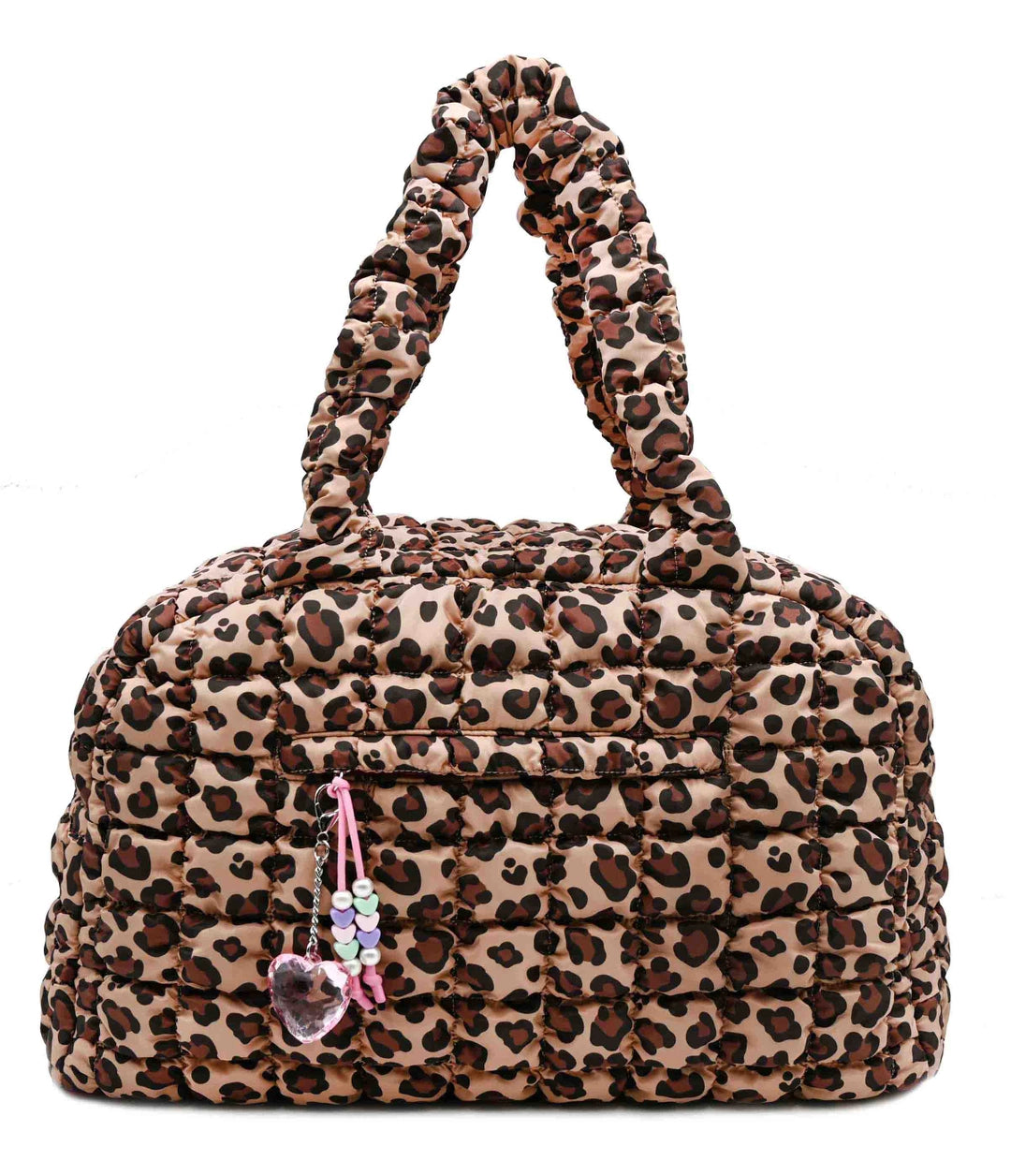 quilted medium duffle bag with bag charms and a leopard print pattern