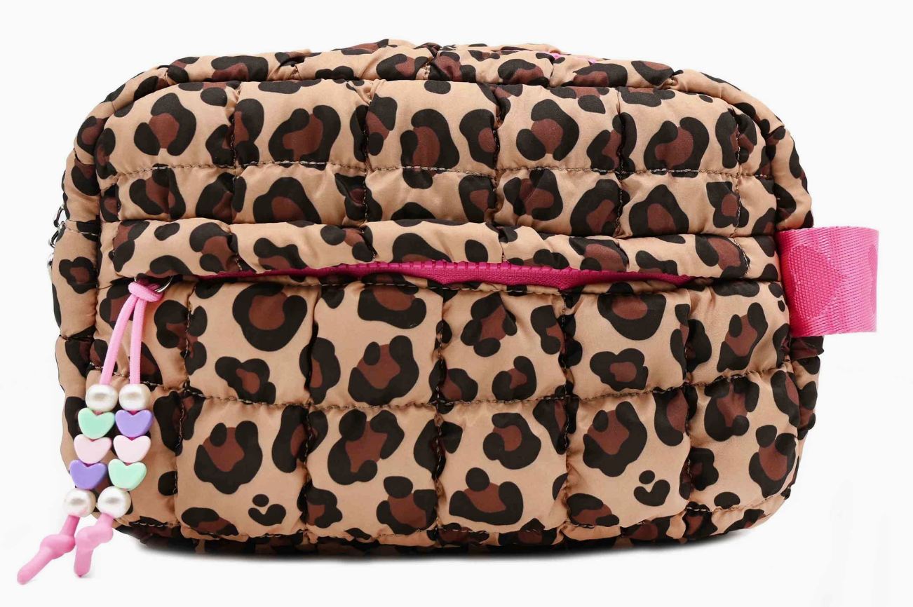 Leopard print pouch with pink accents on a white background
