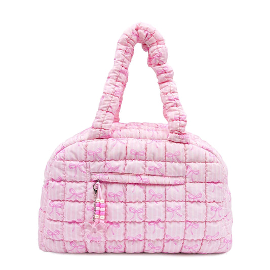 medium quilted duffle bag with  stripe and bow pattern design