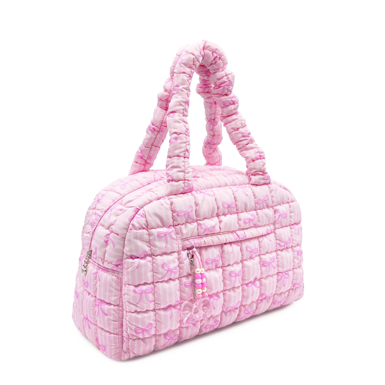 medium quilted duffle bag with  stripe and bow pattern design