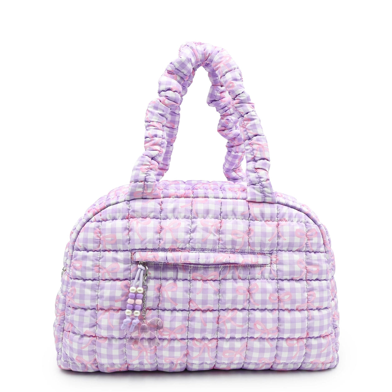 medium quilted duffle bag with  stripe and bow pattern design