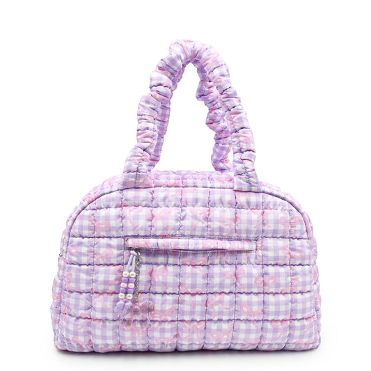 medium quilted duffle bag with  stripe and bow pattern design