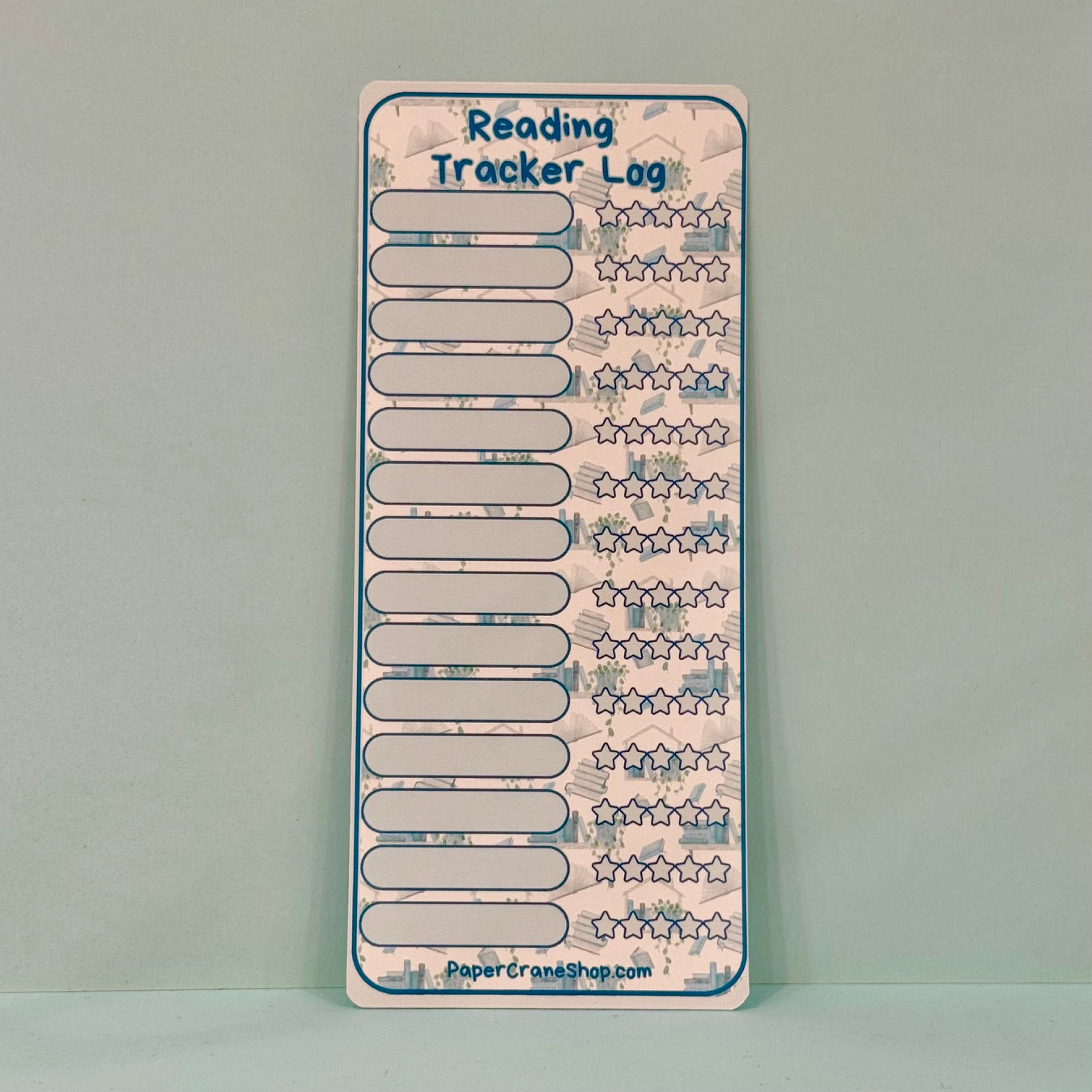 Reading tracker log with star ratings on a light blue background