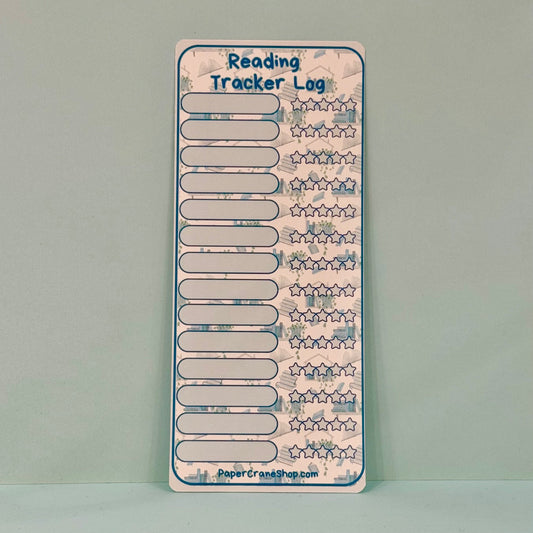 Reading tracker log with star ratings on a light blue background