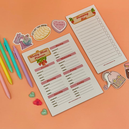 Weekly meal planner and shopping list with decorative elements on an orange background