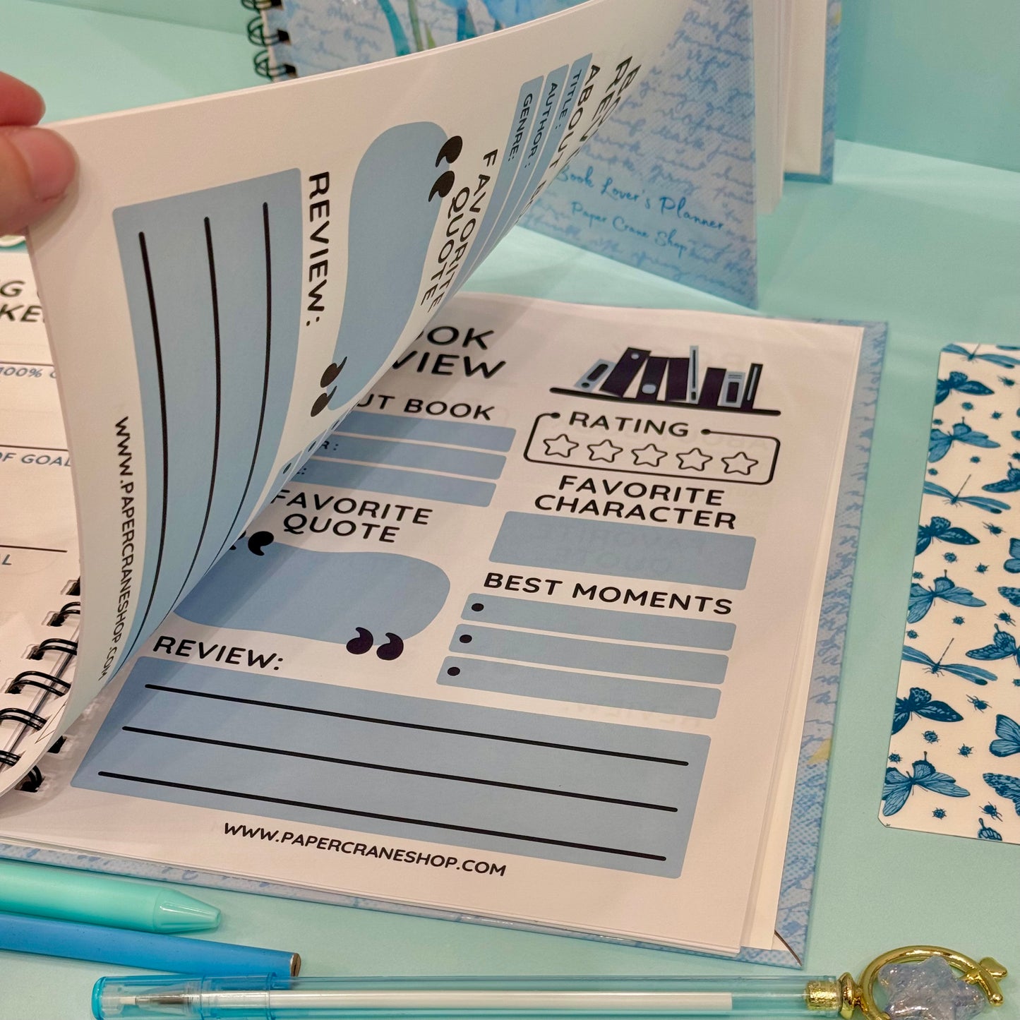 Book review form with blue and white design on a light blue background