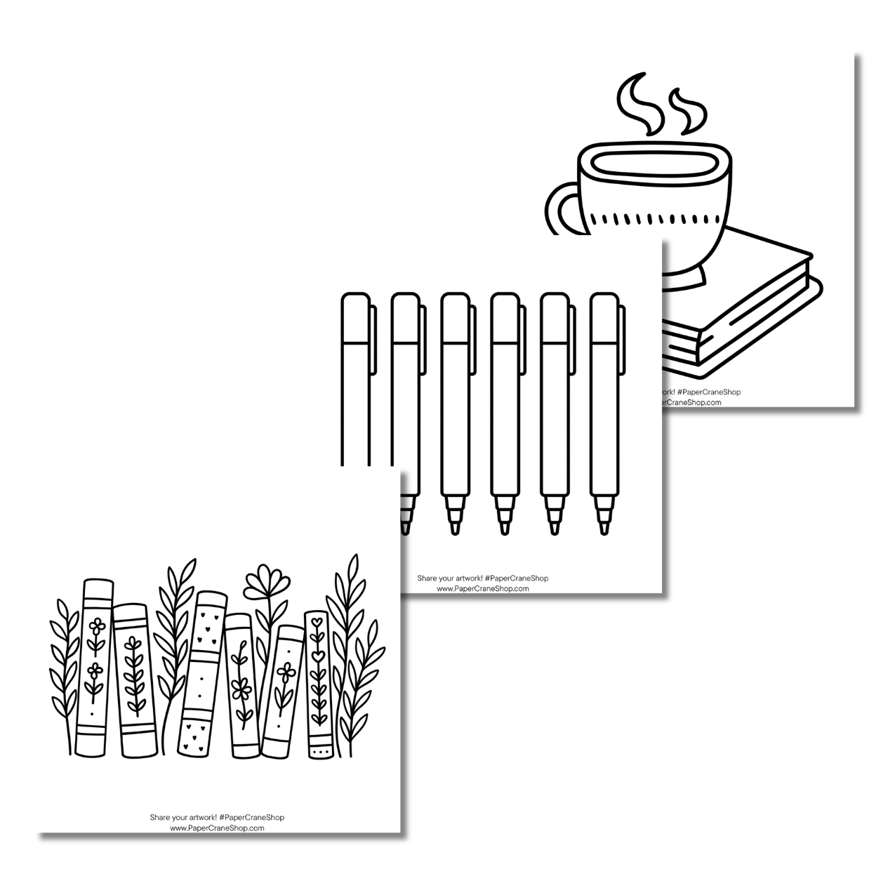 Set of black and white line art prints including a coffee cup, pens, and books on a white background.