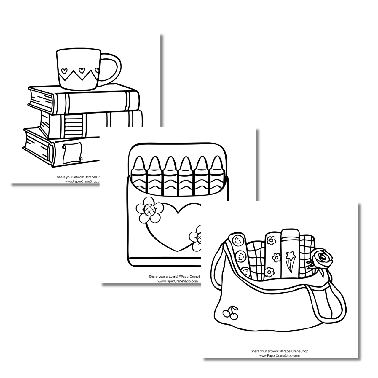 Black and white line art illustrations of books, a bag with books, and crayons on a white background.