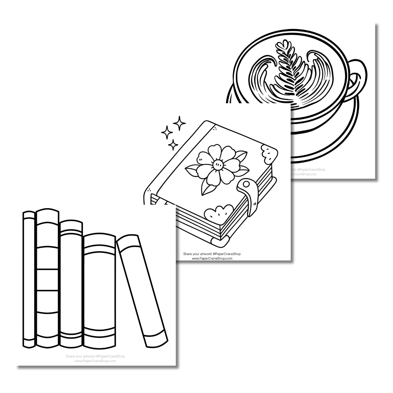 Set of black and white line art illustrations including books, a coffee cup, and a flower design.
