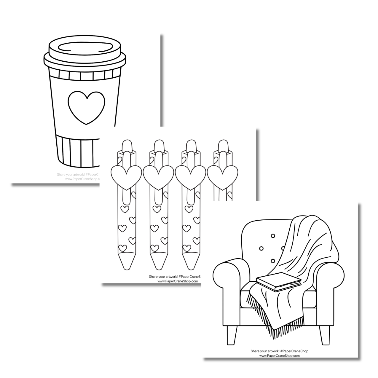 Set of black and white line drawings including a coffee cup, pencils with hearts, and a chair with a blanket and book.