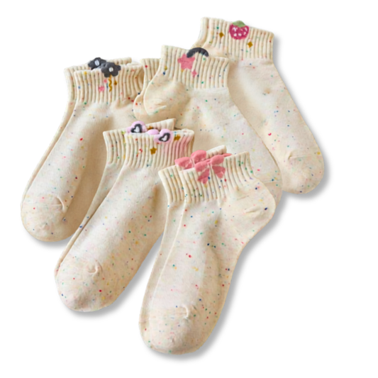 Set of five socks with floral designs on a white background