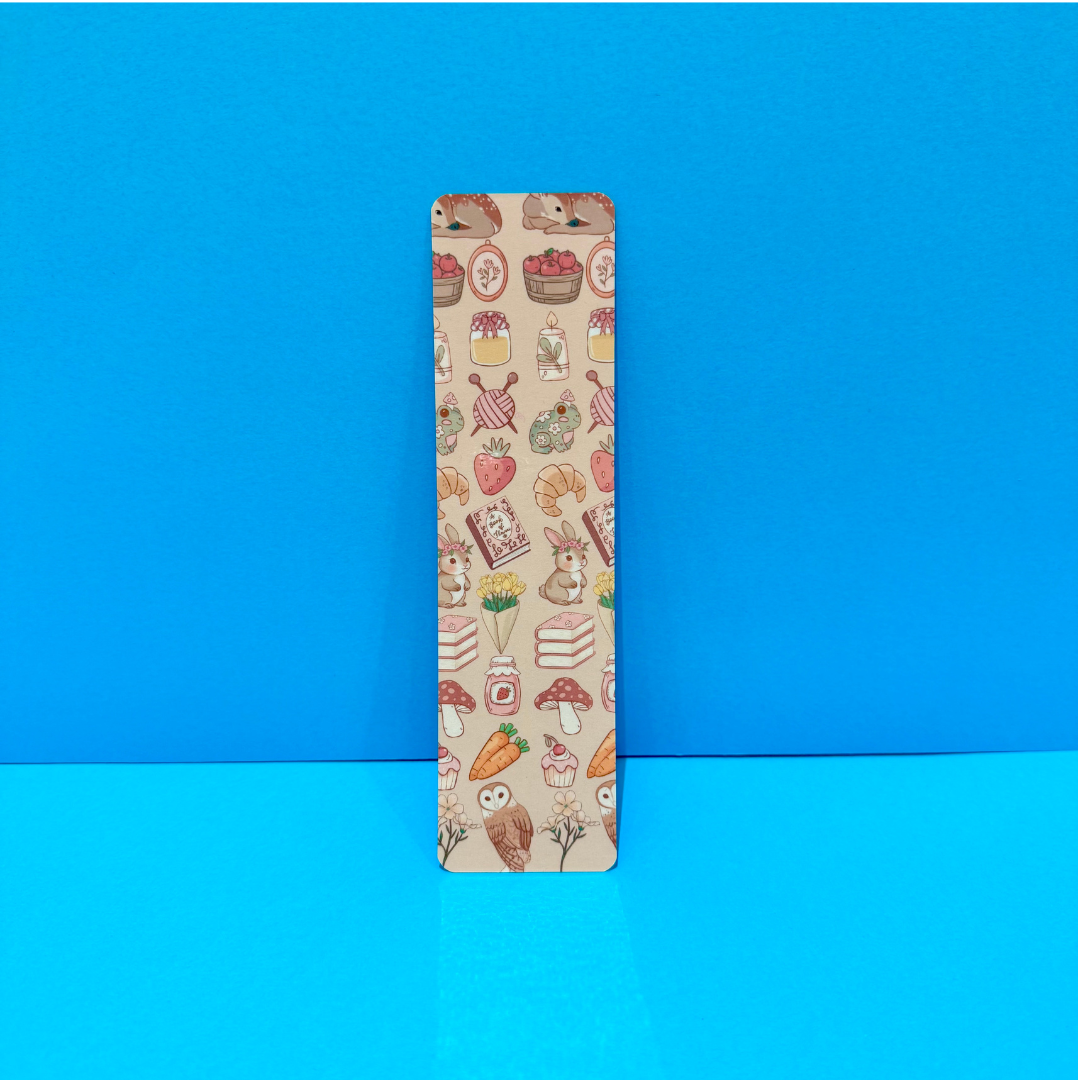 Rectangular bookmark with cartoon illustrations on a blue background