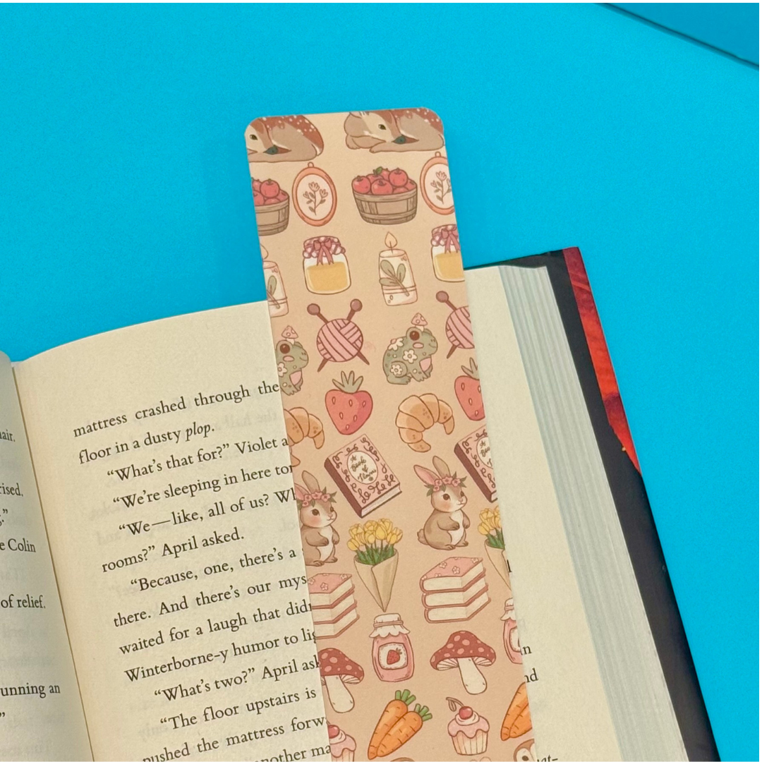 Patterned bookmark on an open book with a blue background