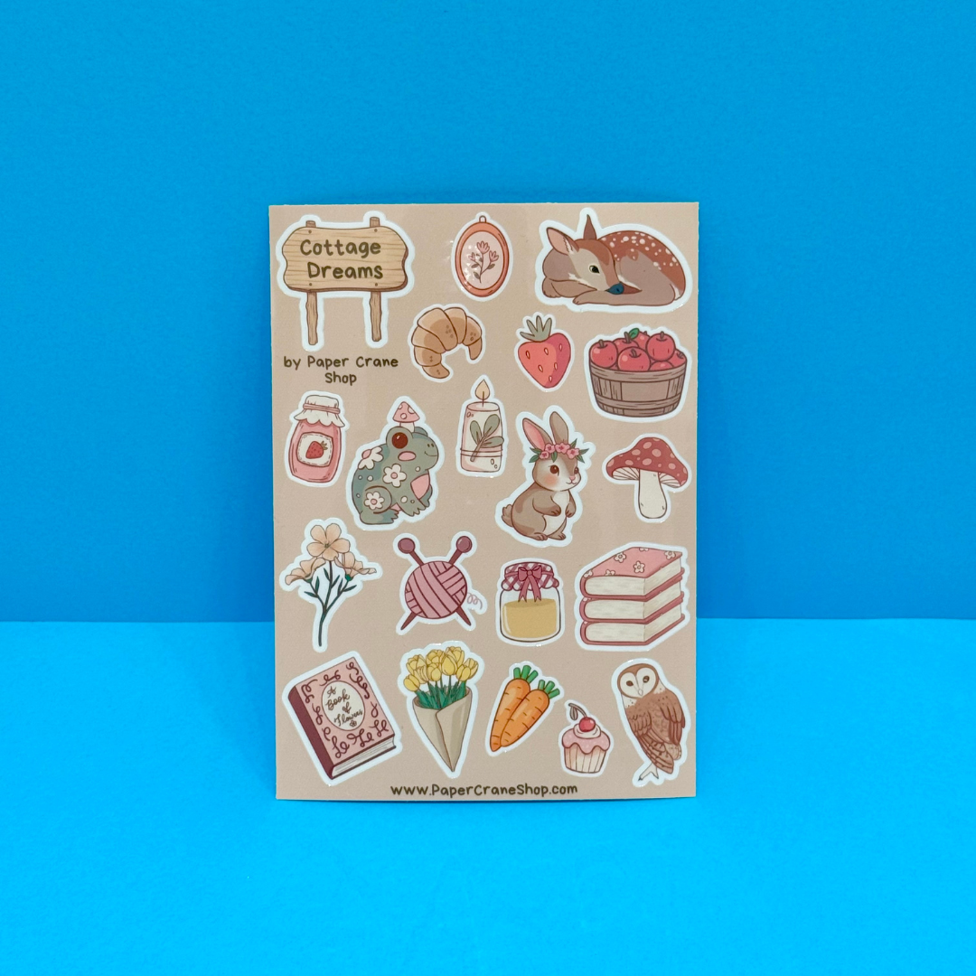 Sticker sheet with various illustrations on a blue background