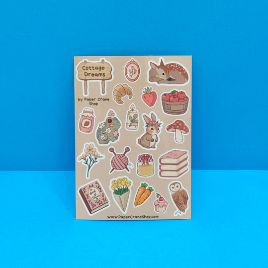 Sticker sheet with various illustrations on a blue background