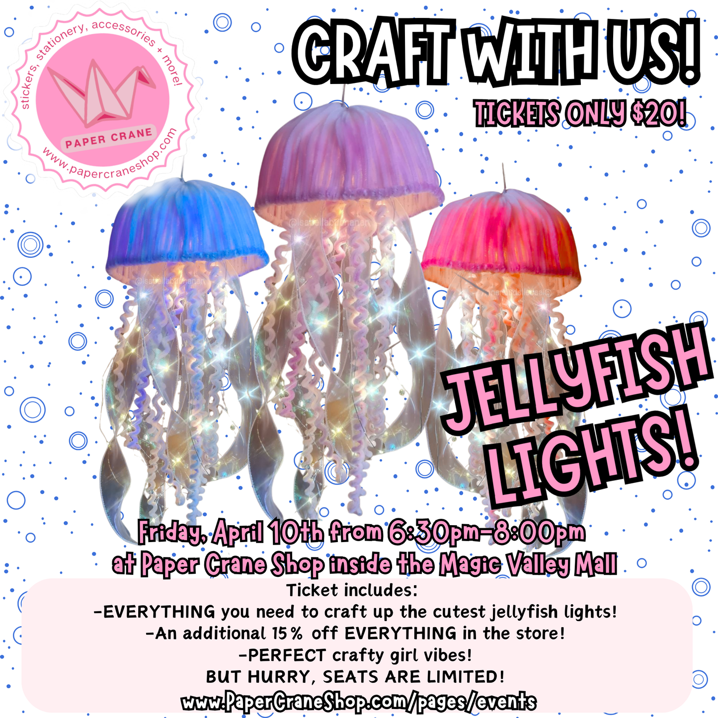 Advertisement for jellyfish lights craft event with colorful jellyfish lights and ticket information.