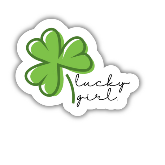 A sticker with a green four-leaf clover and the text 'LUCKY GIRL.'