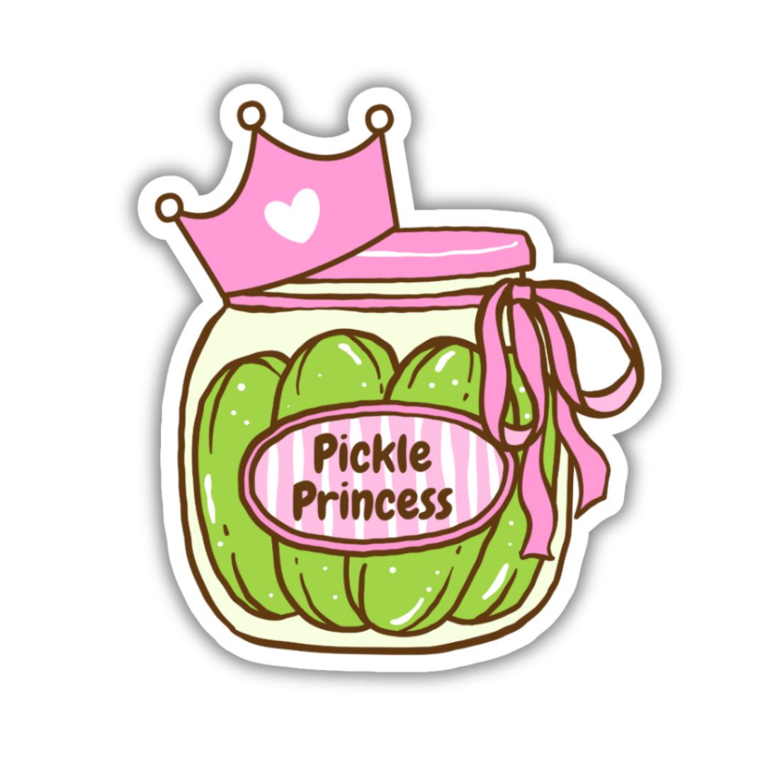 Sticker design of a jar labeled 'Pickle Princess' with a pink crown and ribbon on a white background.