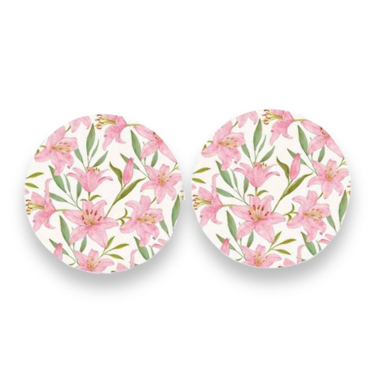 set of car coasters with pink lily design