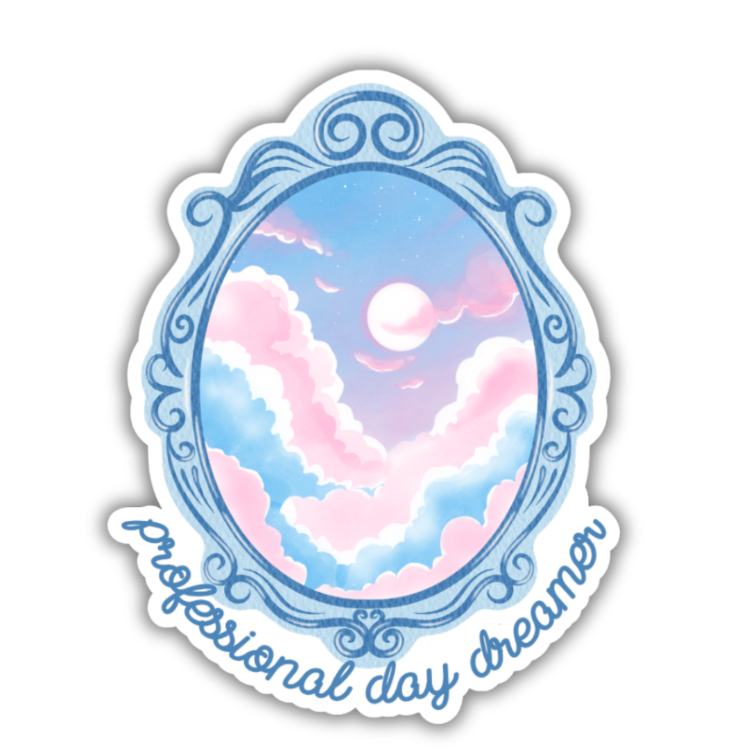 Sticker with a decorative mirror frame featuring clouds and a moon, with 'professional day dreamer' text.