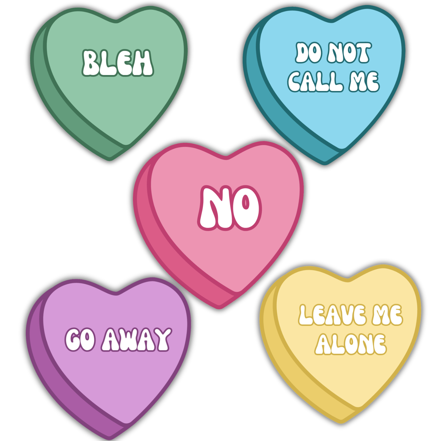 Five colorful heart-shaped candies stickers with text on a white background