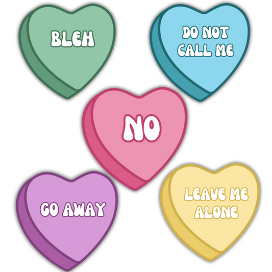 Five colorful heart-shaped candies stickers with text on a white background