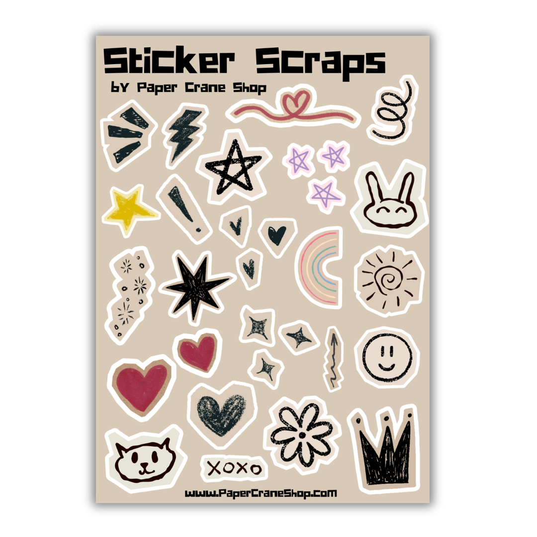 sticker sheet with various scrapbook style stickers and doodles