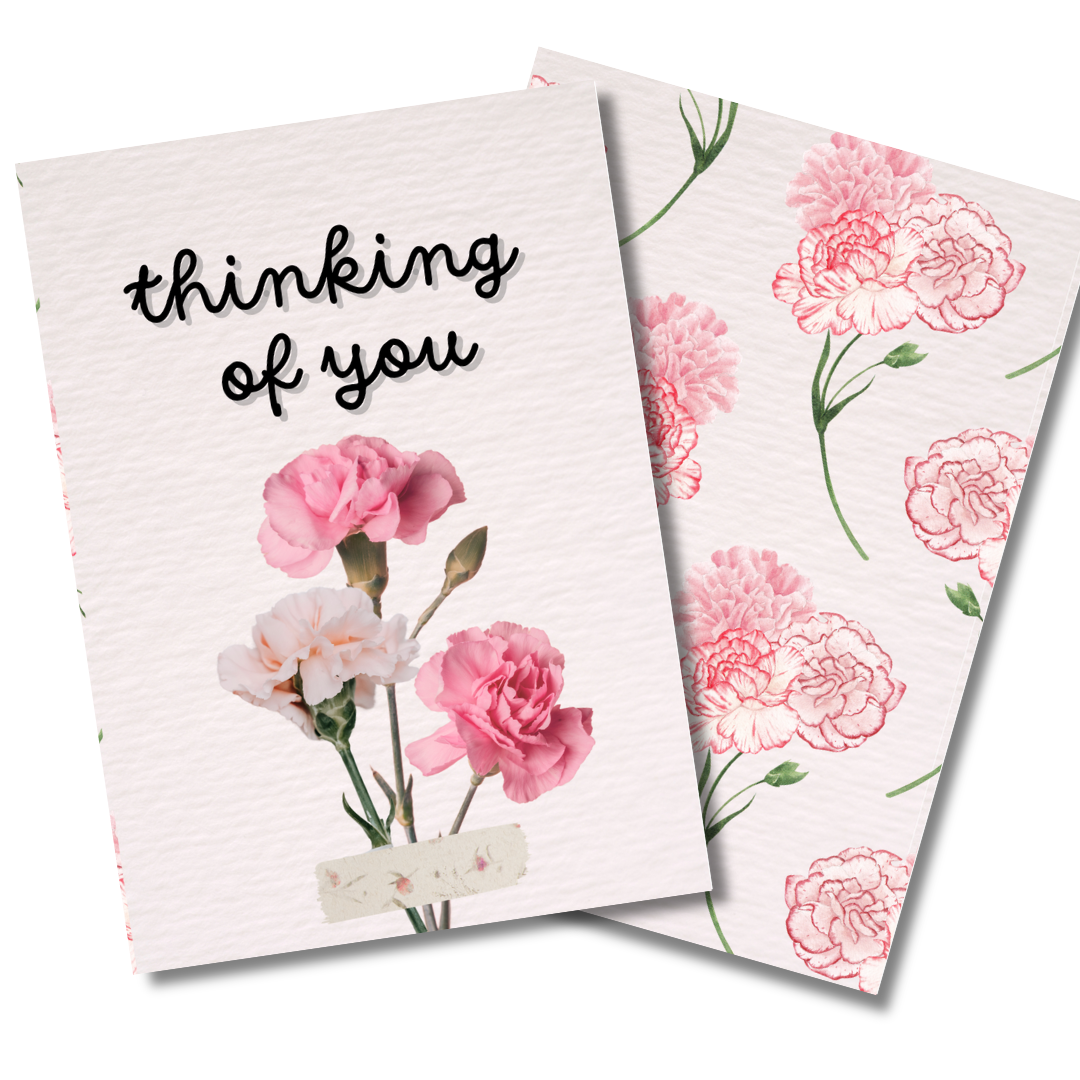 Floral card with 'thinking of you' text and pink flowers on a white background